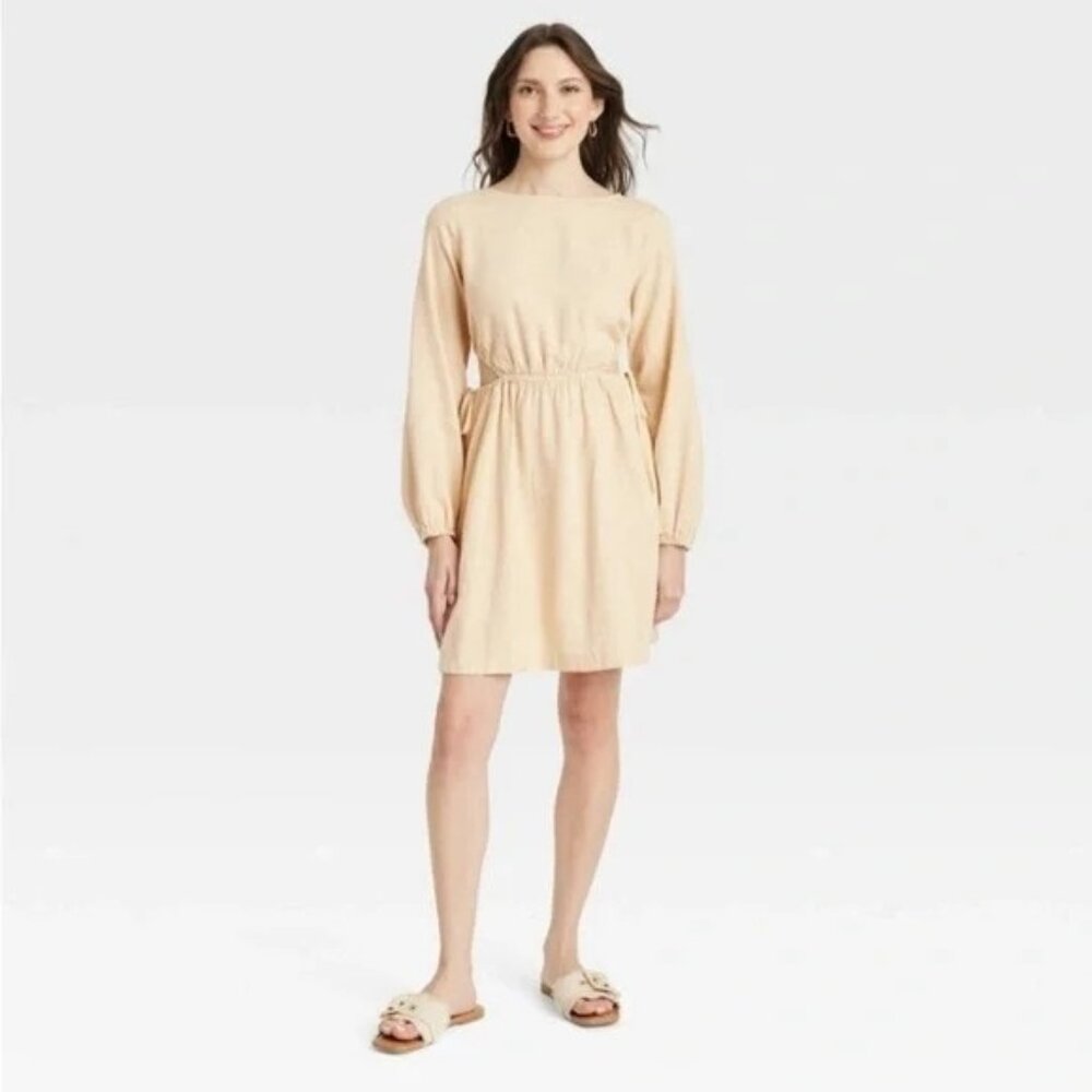 NEW Universal Thread Balloon Long Sleeve Mini A-Line Dress - Tan - Size S